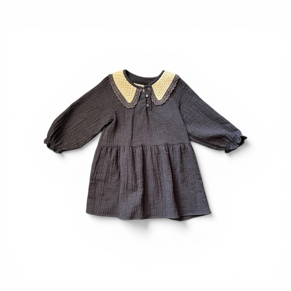 Zara blue/gray dress with cream crochet collar, size 4T